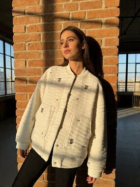Zara Ivory Quilted Bomber Jacket with Embroidered Accents